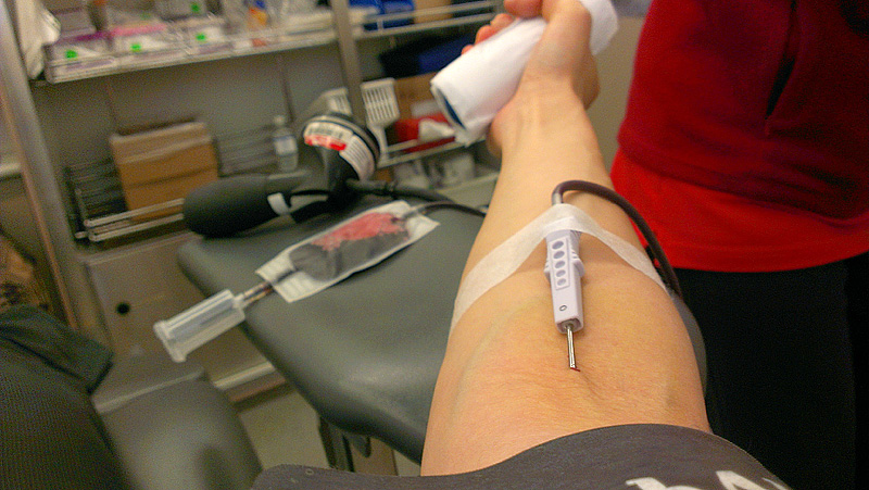 Donating blood in the right arm